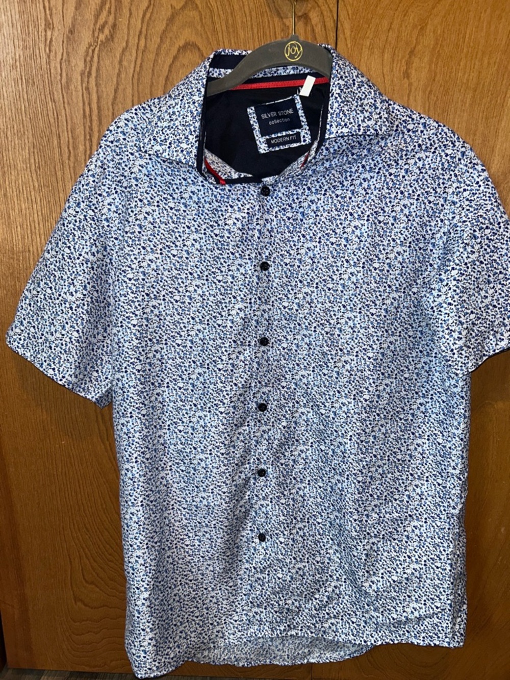 Silver Stone Men's Modern Fit Floral Button-Up Shirt Blue White Short Sleeve M